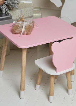 Дитячий  прямокутний стіл і стільчик ведмежа з білим сидінням. столик рожевий дитячий