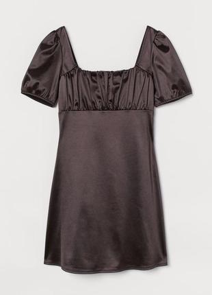 H&amp;m коричневое шоколадное атласное мини платье с квадратным вырезом1 фото