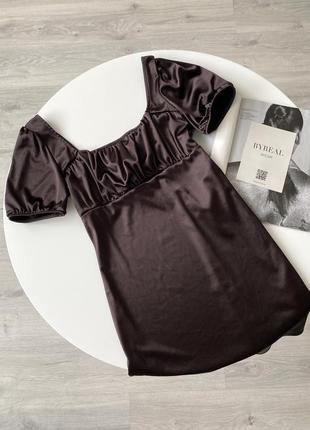 H&amp;m коричневое шоколадное атласное мини платье с квадратным вырезом3 фото