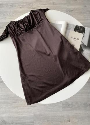 H&amp;m коричневое шоколадное атласное мини платье с квадратным вырезом4 фото