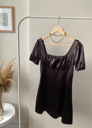 H&amp;m коричневое шоколадное атласное мини платье с квадратным вырезом7 фото