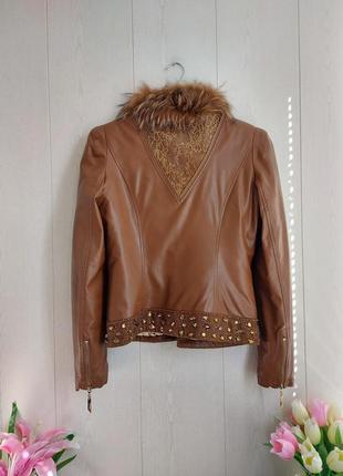 Стильная качественная куртка кожа/коричневая кожанка с натуральным мехом2 фото