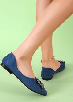 Туфлі нові  балетки сині бархатні велюрові з брошкою . mango bershka2 фото