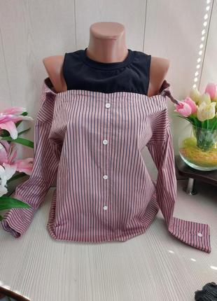 Стильная брендовая рубашка в полоску с открытыми плечиками/красивая полосатая рубашка1 фото