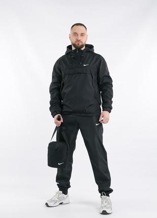 Комплект весенний мужской в стиле nike: анорак черный + брюки черные + борсетка в подарок