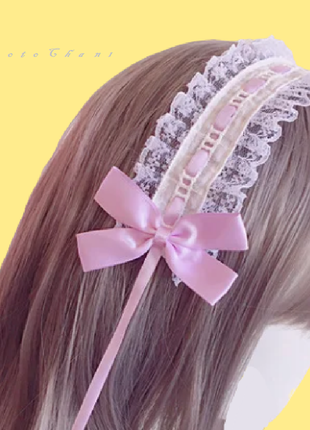 Японская повязка на голову с кружевом лолита принцесса аниме косплей черная розовая2 фото