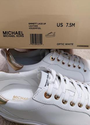 Оригинальные кожаные белые женские кроссовки michael kors emmett leather sneaker с фирменным логотипом кеды сникерсы золотистые золотые кожа оригинал9 фото