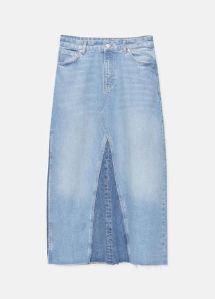 Синя довга джинсова спідниця максі pull and bear 🐻 мідіспідниця з розрізами з боків6 фото