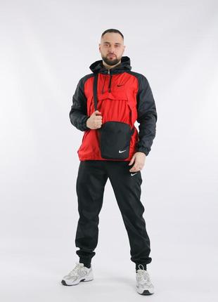 Комплект весенний мужской в стиле nike: анорак черно-красный + брюки черные + борсетка в подарок8 фото