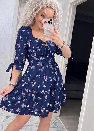 Платье в цветочек короткое мини приталенное корсетное по фигуре а силуэта с квадратным вырезом декольте голубое синее морская волна беби долл лолита
