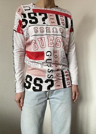 Білий лонгслів guess кофта бавовна з надписами guess