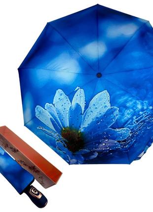 Женский зонт-автомат в подарочной упаковке на 9 спиц с цветочным принтом от frei regen, синяя ручка, 09086-1