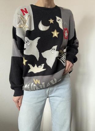 Хлопковый свитер с привидениями джемпер винтажный пуловер коттон реглан лонгслив хлопок кофта оверсайз свитер винтажный джемпер4 фото