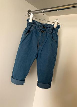 Голубые детские джинсы на девочку ребенка с высокой посадкой талией на резинке рюши1 фото
