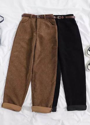 Вельветовые брюки на высокой посадке зауженные укороченные брюки с ремнем стильные базовые черные коричневые5 фото