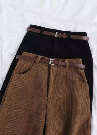 Вельветовые брюки на высокой посадке зауженные укороченные брюки с ремнем стильные базовые черные коричневые3 фото