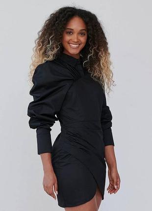 Бавовняна чорна сукня - сорочка з обʼємним рукавом м