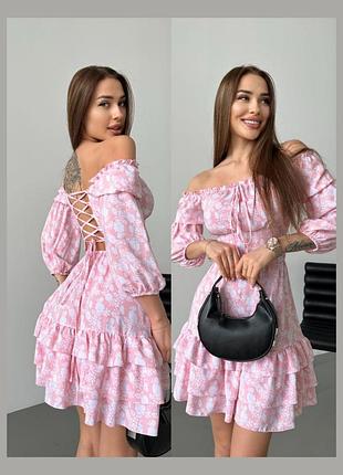 Платье с корсетной шнуровкой на спине мини в цветочек с открытыми плечами с рукавами фонариками приталенное розовое чёрное мокко зелёное голубое мята