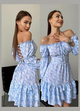 Платье с корсетной шнуровкой на спине мини в цветочек с открытыми плечами с рукавами фонариками приталенное розовое чёрное мокко зелёное голубое мята