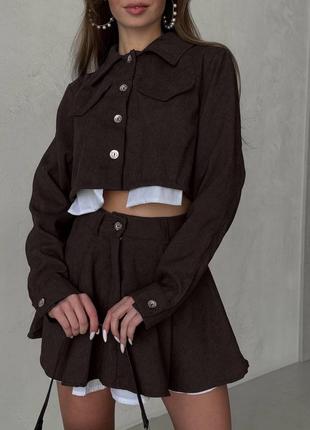 Костюм женский (юбка-шорты+пиджак) вельвет 42-48 черный, бежевый, розовый, хаки, синий, коричневый6 фото
