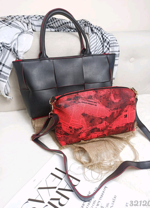 Велика плетена сумка жіноча чорна з червоним + сумочка клатч