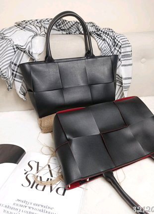 Велика плетена сумка жіноча чорна з червоним + сумочка клатч3 фото