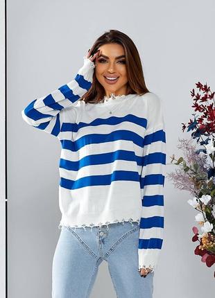 Жіноча смугаста синя кофта рванка, синій светр рванка у смужку електрик лонгслів, світшот6 фото
