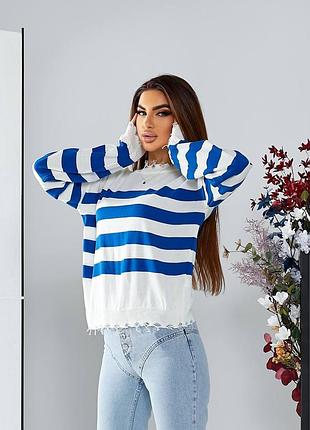 Жіноча смугаста синя кофта рванка, синій светр рванка у смужку електрик лонгслів, світшот2 фото