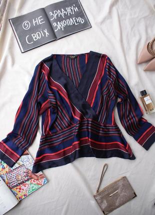 Брендовая базовая атласная шелковистая блуза в полоску с баской