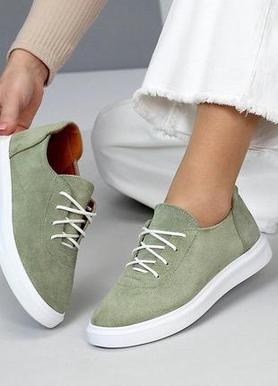 Универсальные женские замшевые зелёные туфли весенне осенние натуральная замша весна осень