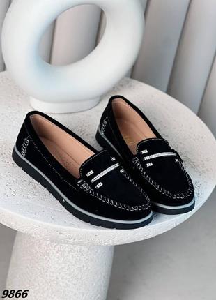 Женские замшевые туфли лоферы, мокасины черные1 фото