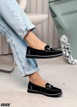 Женские замшевые туфли лоферы, мокасины черные4 фото