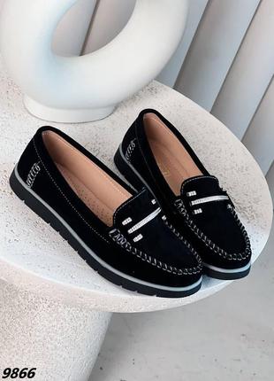 Женские замшевые туфли лоферы, мокасины черные7 фото