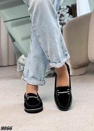 Жіночі замшеві туфлі лофери, мокасини чорні8 фото