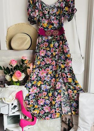 Платье миди в цветы с разрезом вискоза1 фото