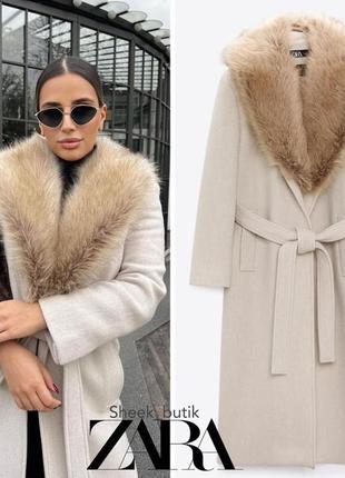 Шерстяное пальто с мехом zara новая коллекция шерстяне пальто з хутром з поясом нова колекція