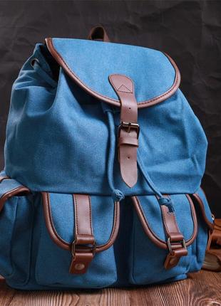 Вместительный текстильный рюкзак что закрывается клапаном на магнит vintage 22152 голубой7 фото