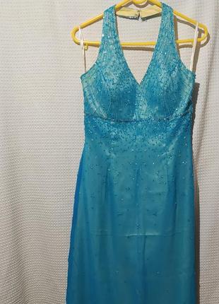 Х4. шелковое нарядное платье с вишивкой  бисером  национальных сине желтих цветах шёлк шёлковый шелк5 фото