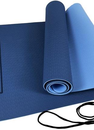 Килимок для йоги та фітнесу easyfit tpe+tc 6мм двошаровий синій-блакитний