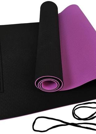 Килимок для йоги та фітнесу easyfit tpe+tc 6мм двошаровий чорний-фіолетовий