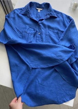 💙стильная синяя льняная рубашка h&amp;m цвет вау😍 свободного оверсайз кроя, удлиненная🤤100% льон !1 фото