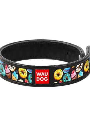 Браслет waudog design с рисунком "пончики", премиум кожа (ширина 15 мм, длина 21-23 см) черный