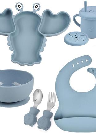 Набір силіконового посуду 2life y21 трьохсекційна тарілка рак поїльник прибори слюнявчик блакитний v-11198