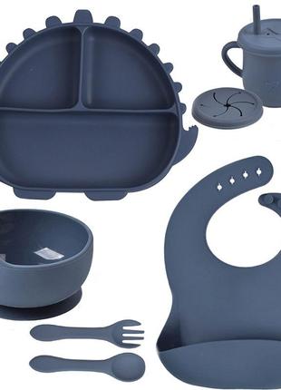 Набір посуду y10 трьохсекційна тарілка динозавтр,поїльник,ложка виделка, слюнявчик синій v-11214
