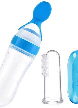 Силиконовый набор 2life бутылка-ложка и прорезыватель-насадка на палец в кейсе голубой v-11804