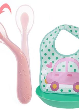 Набор ложка силиконовая с удержанием формы изгиба для кормления ребенка розовая и слюнявчик (vol-794)