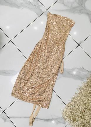 Вечернее платье миди рамшитое золотистыми пайетками с шнуровкой на спине м2 фото