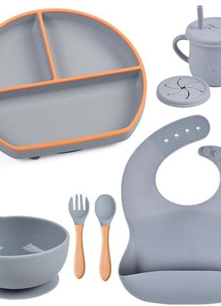 Набор детской силиконовой посуды 2life y18 из 7 предметов с деревянными приборами серый n-11364