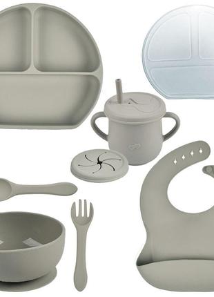 Набор силиконовой посуды y22 трехсекционная тарелка с крышкой,поильник,ложка вилка,слюнявчик серый  n-11124