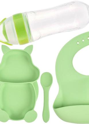 Наборy3силиконовая секционная тарелка в форме белки, слюнявчик,ложка, вилка, бутылка-ложказеленый (vol-9930)
